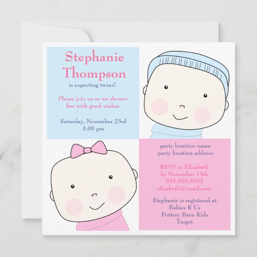 Twin Boy Girl Blue Pink Baby shower Invitation Kaart (Voorkant)