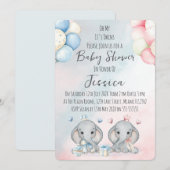 Twin Boy & Girl Elephant  Baby Shower Invitation Kaart (Voorkant / Achterkant)