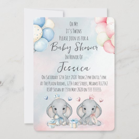 Twin Boy & Girl Elephant  Baby Shower Invitation Kaart (Voorkant)