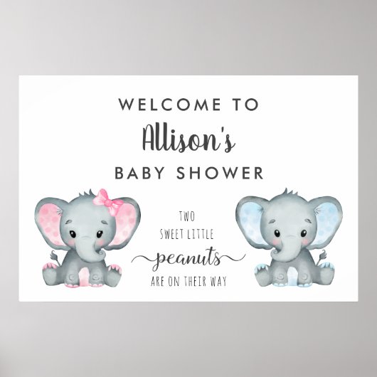 Twin Boy Girl Elephant Baby shower Welkom Poster (Voorkant)