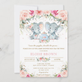 Twin Boy Girl Elephant Pink Floral Tea Baby shower Kaart