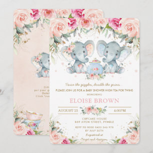Twin Boy Girl Elephant Pink Floral Tea Baby shower Kaart