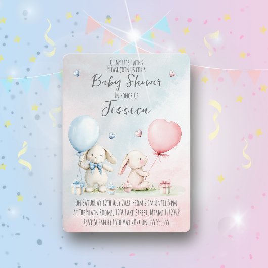 Twin Boy & Girl Rabbit Baby Shower Invitation Kaart