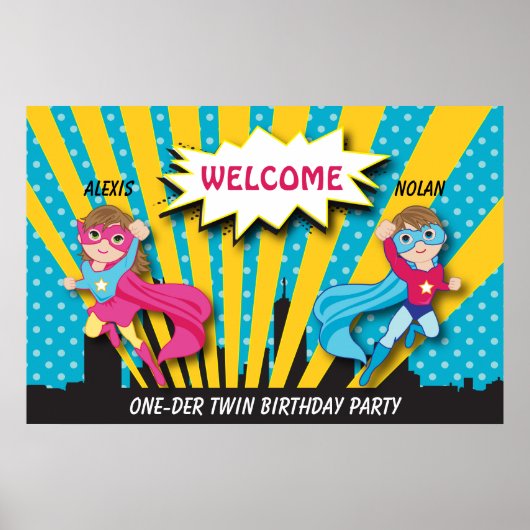 Twin Boy Girl Superheld Birthday Poster (Voorkant)