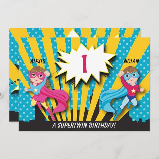 Twin Boy Girl Superheld Birthday Uitnodiging (Voorkant / Achterkant)