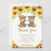 Twin Boy Girl Teddy Bear Sunflower Baby shower Bedankkaart (Voorkant)