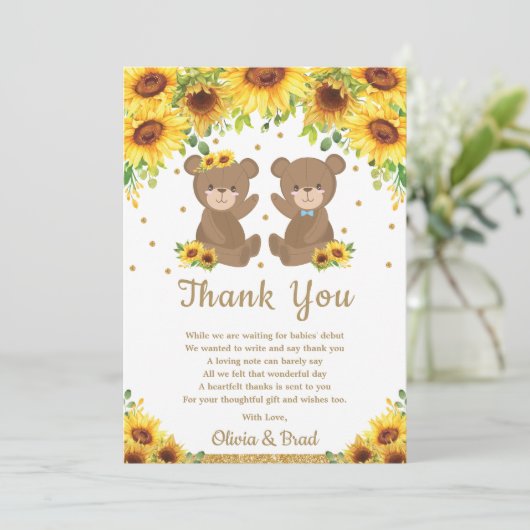 Twin Boy Girl Teddy Bear Sunflower Baby shower Bedankkaart (Staand voorkant)