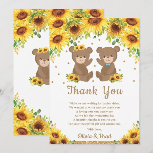 Twin Boy Girl Teddy Bear Sunflower Baby shower Bedankkaart (Voorkant / Achterkant)