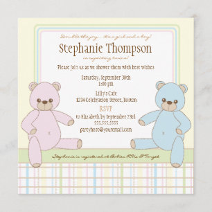 Twin Boy Girl Teddy Bears Baby shower Invitation Kaart