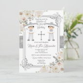 Twin Boy Silver Mexican Baptism Birthday Floral Kaart (Staand voorkant)
