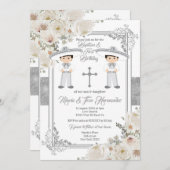 Twin Boy Silver Mexican Baptism Birthday Floral Kaart (Voorkant / Achterkant)