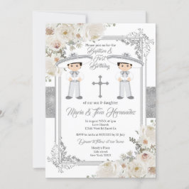 Twin Boy Silver Mexican Baptism Birthday Floral Kaart