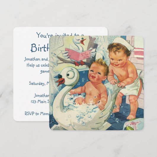 Twin Boy Swan Bubble Bath Verjaardagsfeestje Kaart (Voorkant / Achterkant)