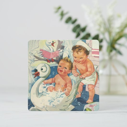  Twin Boy Swan Bubble Bath Verjaardagsfeestje Kaart (Staand voorkant)