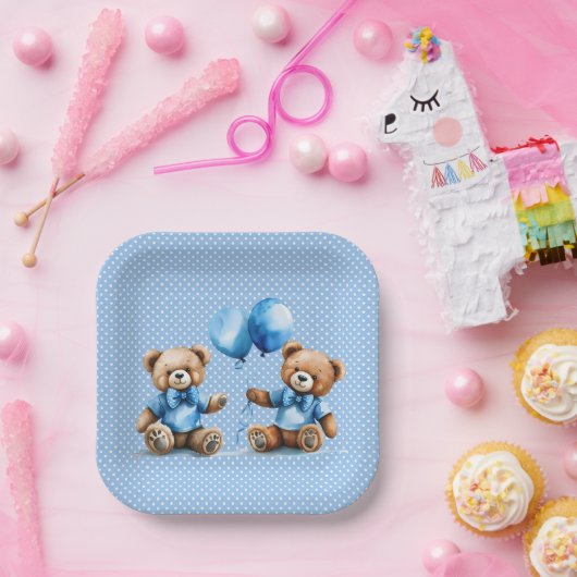 Twin Boy Teddy Bears op Polka Dots Papieren Bordje (Feest)