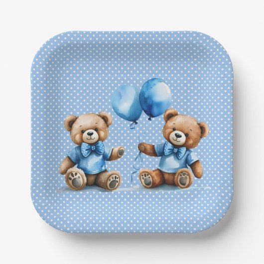 Twin Boy Teddy Bears op Polka Dots Papieren Bordje (Voorkant)