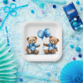 Twin Boy Teddyberen met blauwe ballonnen Papieren Bordje (Feest)