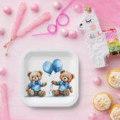 Twin Boy Teddyberen met blauwe ballonnen Papieren Bordje (Feest)