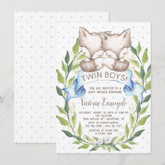 Twin Boy Woodland Fox Baby Shower Uitnodigingen (Voorkant / Achterkant)
