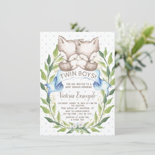 Twin Boy Woodland Fox Baby Shower Uitnodigingen (Staand voorkant)