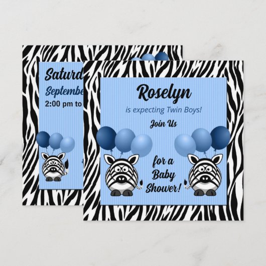 Twin Boy Zebra Print en Blue Baby shower Kaart (Voorkant / Achterkant)