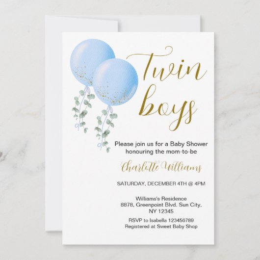 Twin Boys Baby shower bewerkbare uitnodiging (Voorkant)