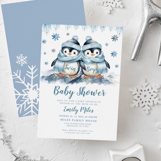 Twin Boys Baby shower Pinguïnuitnodiging Kaart