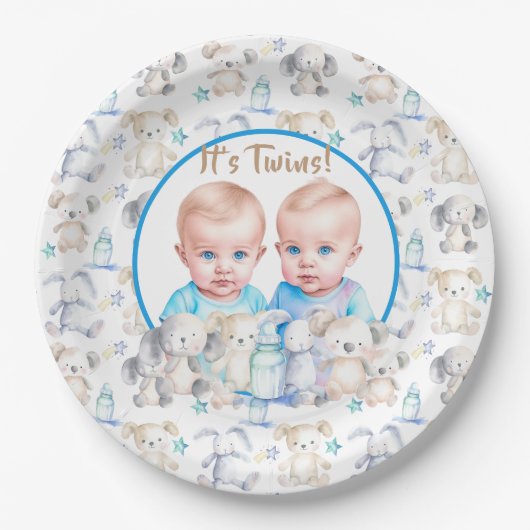 Twin Boy's Baby shower Waterverven Papieren Bordje (Voorkant)