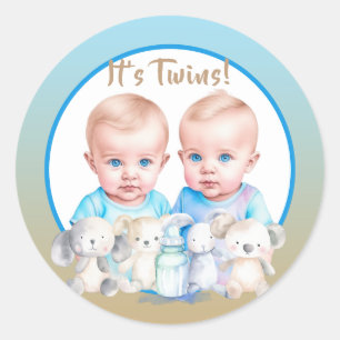 Twin Boy's Baby shower Waterverven Ronde Sticker
