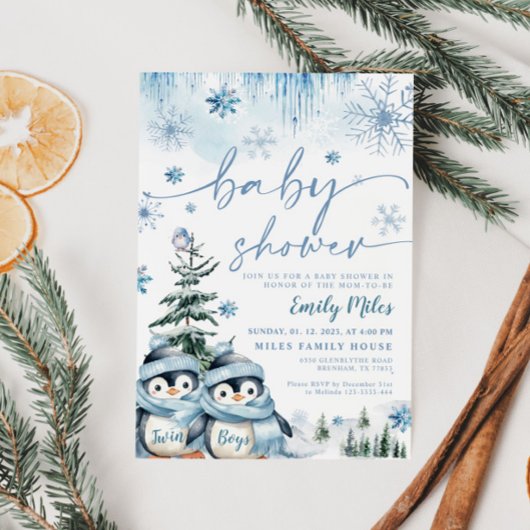 Twin Boys Baby shower Winterpinguïn Blauw Kaart
