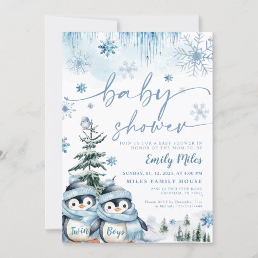 Twin Boys Baby shower Winterpinguïn Blauw Kaart (Voorkant)