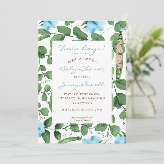 Twin Boys baby showers twee erwten in een pod invi Kaart (Staand voorkant)