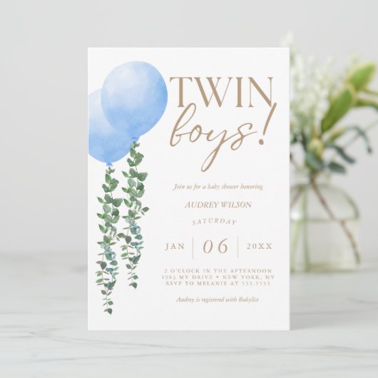 Twin Boys Blauw Ballon Baby Boys Douche Uitnodigin Kaart (Staand voorkant)