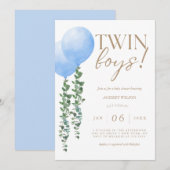 Twin Boys Blauw Ballon Baby Boys Douche Uitnodigin Kaart (Voorkant / Achterkant)