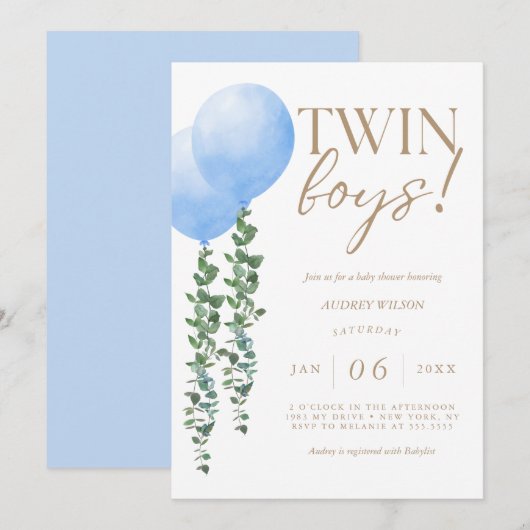 Twin Boys Blauw Ballon Baby Boys Douche Uitnodigin Kaart (Voorkant / Achterkant)