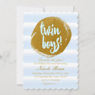 TWIN BOYS Blauw & Gouden Folie Waterverf Invitatio Kaart