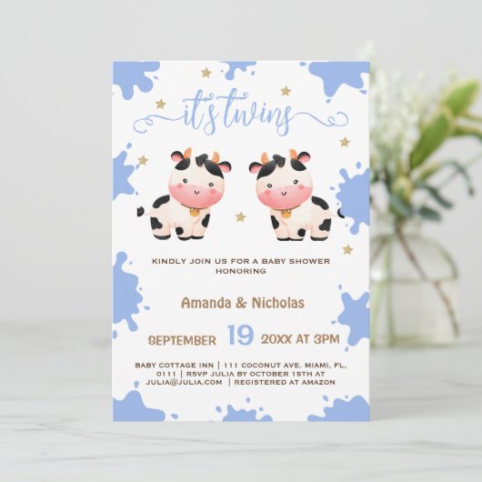 Twin Boys Blauw Koe Baby shower Boho Kaart (Staand voorkant)