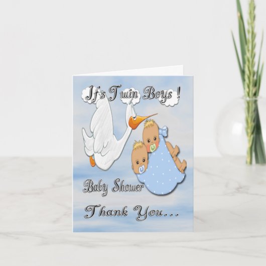 Twin Boys Blonde Stork Baby shower Bedankt Card (Voorkant)