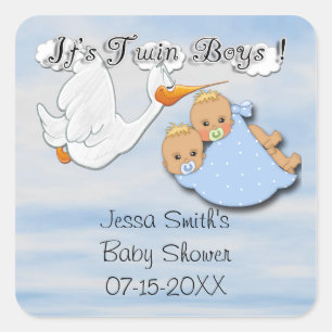 Twin Boys Blonde - Stork Baby shower Favor sticker