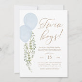 Twin Boys Blue ballon Eucalyptus Baby shower Kaart (Voorkant)