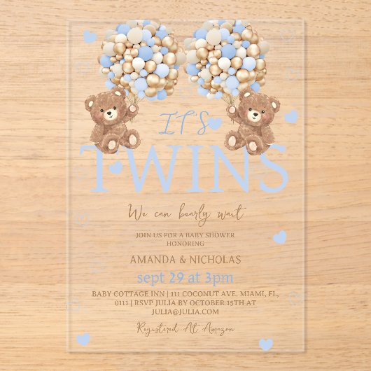 Twin Boys Blue Beer Baby shower Acryl Uitnodigingen (Voorkant)