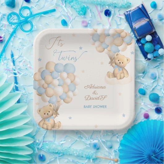 Twin Boys Blue Beer Balloons Baby shower Papieren Bordje (Feest)