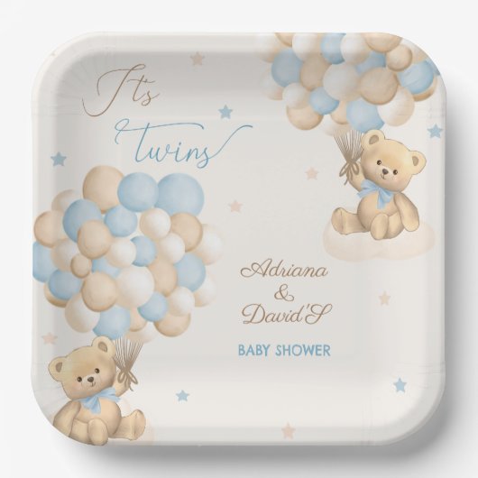 Twin Boys Blue Beer Balloons Baby shower Papieren Bordje (Voorkant)