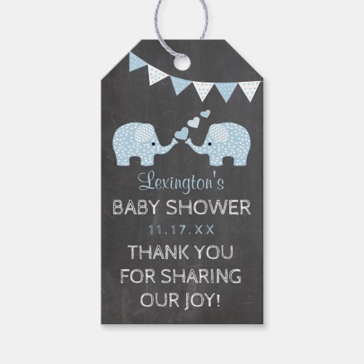 Twin Boys Blue Elephants Baby shower Dank u Cadeaulabel (Voorkant)