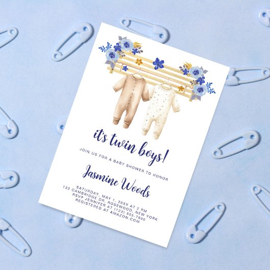 Twin Boys Blue Floral Boho Laundry Baby shower Kaart