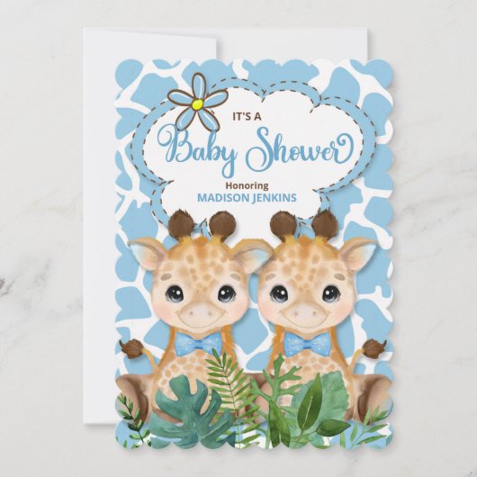 Twin Boys Blue Giraffe Oerwoud Baby shower Kaart (Voorkant)