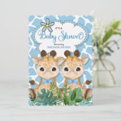 Twin Boys Blue Giraffe Oerwoud Baby shower Kaart (Staand voorkant)