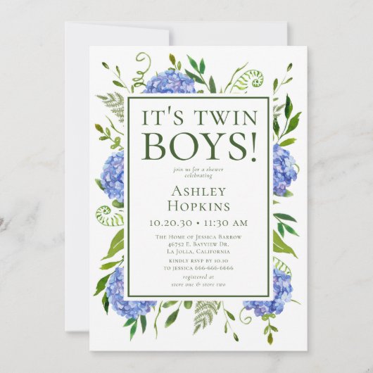 Twin Boys Blue Hydrangeas Baby shower Kaart (Voorkant)