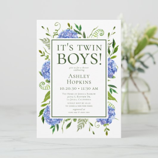 Twin Boys Blue Hydrangeas Baby shower Kaart (Staand voorkant)