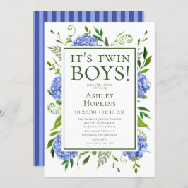Twin Boys Blue Hydrangeas Baby shower Kaart